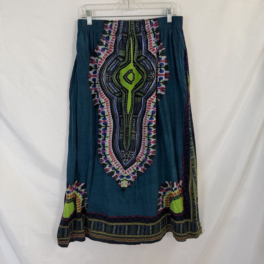 Earthbound Trading Co. Women Teal Green Dashiki Print Skirt US XL Pockets